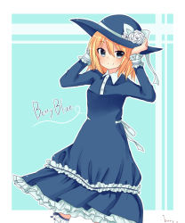 Rule 34 | 1girl, adjusting clothes, adjusting headwear, artist request, betty blue (bury), blonde hair, blue dress, blue eyes, blush, bury, character name, copyright name, dress, frills, hat, looking at viewer, smile, solo
