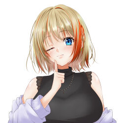 Rule 34 | 1girl, absurdres, black shirt, blue eyes, blush, braid, breasts, closed mouth, earrings, finger to own chin, grey shirt, highres, index finger raised, jewelry, lace, lace-trimmed shirt, lace trim, large breasts, light brown hair, looking at viewer, medium bangs, multicolored hair, multiple earrings, nanashi inc., necklace, oekaki t722, official alternate costume, one eye closed, orange hair, shirt, shirt partially removed, short hair, simple background, sleeveless, sleeveless shirt, smile, solo, touri sei, touri sei (2nd costume), turtleneck, two-tone hair, upper body, virtual youtuber, white background