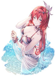 Rule 34 | 1girl, alexiel (summer) (granblue fantasy), armpit crease, ass, bare arms, bare back, bare shoulders, bikini, black bikini, blue eyes, blush, breasts, butt crack, circlet, cleavage, closed mouth, collarbone, commentary, commission, detached collar, feather hair ornament, feathers, fingernails, gem, godsworn alexiel, granblue fantasy, hair between eyes, hair ornament, half-closed eyes, halterneck, hand in own hair, hands up, highleg, highleg bikini, holding, ivris, large breasts, layered bikini, long hair, looking to the side, o-ring, o-ring top, red hair, scrunchie, see-through, shawl, signature, simple background, smile, solo, standing, swimsuit, very long hair, wading, water, wet, wet clothes, wet hair, wet swimsuit, white background, white bikini, white feathers, wrist scrunchie