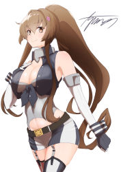 Rule 34 | 1girl, asymmetrical legwear, ayuman, breasts, brown hair, cherry blossoms, cleavage, cosplay, cowboy shot, fingerless gloves, front-tie top, garter straps, gloves, highres, iowa (kancolle), iowa (kancolle) (cosplay), kantai collection, large breasts, long hair, looking at viewer, miniskirt, mismatched legwear, ponytail, signature, simple background, skirt, smile, solo, striped clothes, striped skirt, striped thighhighs, thighhighs, vertical-striped clothes, vertical-striped skirt, vertical-striped thighhighs, white background, yamato (kancolle)