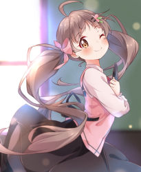 Rule 34 | 1girl, ;), ahoge, black skirt, blurry, blurry background, blush, bow, brown eyes, closed mouth, collared shirt, commentary request, cosplay, cowboy shot, crossed arms, day, from side, gochuumon wa usagi desu ka?, hair bow, hair ornament, hairclip, hakozaki serika, hands up, highres, holding, holding tray, hoto cocoa, hoto cocoa (cosplay), idolmaster, idolmaster million live!, indoors, light brown hair, long hair, long sleeves, looking at viewer, looking to the side, one eye closed, pink bow, pink vest, rabbit house uniform, shirt, skirt, smile, solo, standing, sunlight, toma (shinozaki), tray, twintails, very long hair, vest, waitress, white shirt, window