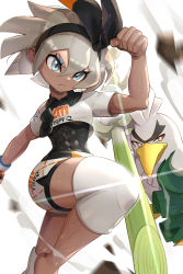 Rule 34 | 1girl, absurdres, bea (pokemon), black bodysuit, black hairband, blurry, bodysuit, bodysuit under clothes, bow hairband, clenched hand, closed mouth, collared shirt, commentary, creatures (company), dark-skinned female, dark skin, dynamax band, eyelashes, frown, game freak, gen 8 pokemon, gloves, gonzarez, grey eyes, grey hair, gym leader, hair between eyes, hairband, highres, knee pads, nintendo, pokemon, pokemon (creature), pokemon swsh, print shirt, print shorts, shirt, short sleeves, shorts, side slit, side slit shorts, single glove, sirfetch&#039;d, spring onion