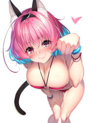 Rule 34 | 1girl, ahoge, animal ears, bikini, black hairband, blue hair, blush, bracelet, breasts, cat ears, cat tail, cleavage, covered erect nipples, embarrassed, gluteal fold, hair intakes, hairband, heart, heart o-ring, heart ring top, highres, idolmaster, idolmaster cinderella girls, jewelry, large breasts, leaning forward, looking at viewer, multicolored hair, nail polish, paw pose, pink eyes, pink hair, pink nails, red bikini, rukitsura, short hair, simple background, smile, solo, sweat, swimsuit, tail, thigh gap, two-tone hair, white background, yumemi riamu