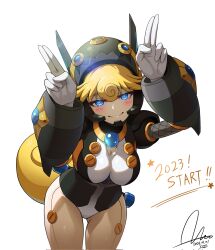 Rule 34 | 1girl, alternate color, android, armor, artist name, blonde hair, blue eyes, blush, breasts, closed mouth, commentary, dasoin, fishnets, gloves, hands up, head tilt, helmet, highres, joints, leaning forward, leotard, long hair, looking at viewer, low ponytail, marino (mega man), medium breasts, mega man (series), mega man x: command mission, mega man x (series), mega man x dive, robot, robot joints, signature, simple background, solo, white background
