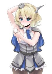 Rule 34 | 1girl, armpit onigiri, armpits, blonde hair, blue eyes, blue necktie, braid, breasts, capelet, colorado (kancolle), commentary, cowboy shot, dress, english commentary, food, garrison cap, grey dress, grey hat, hat, headgear, highres, kantai collection, large breasts, necktie, onigiri, pantyhose, pleated dress, shirt, short hair, side braids, sideboob, simple background, sleeveless, solo, takomeshi, white background, white shirt, you&#039;re doing it wrong
