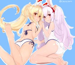 Rule 34 | 2girls, absurdres, animal ears, ass, ayanami (azur lane), azur lane, bare arms, bare legs, bare shoulders, bikini, blonde hair, blue background, blush, breasts, closed mouth, collarbone, commentary request, fake animal ears, feet, flower, from behind, hair between eyes, hair flower, hair ornament, headgear, highres, himono hinata, holding hands, laffey (azur lane), light purple hair, long hair, looking at viewer, multiple girls, one-piece swimsuit, ponytail, rabbit ears, rabbit tail, red eyes, side-tie bikini bottom, sidelocks, simple background, small breasts, smile, soles, swimsuit, tail, twintails, twitter username, white one-piece swimsuit