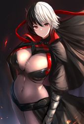 Rule 34 | 1girl, arm at side, azur lane, black background, black bodysuit, black cape, black capelet, black hair, bodystocking, bodysuit, breasts, bruenhilde (azur lane), cape, capelet, cleavage, closed mouth, covered navel, cowboy shot, gauntlets, gradient background, hair between eyes, hand on own hip, highres, large breasts, looking at viewer, manda (manda9n), multicolored hair, red eyes, resolution mismatch, revision, short hair, sidelocks, smile, solo, source larger, split-color hair, standing, waist cape, white hair