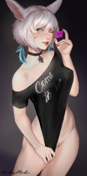 Rule 34 | 1girl, alternate costume, animal ears, artist name, black choker, black shirt, blouse, bottomless, breasts, cat ears, choker, cleft of venus, clothes pull, clothes writing, condom, condom wrapper, cowboy shot, dark background, eyelashes, facial mark, feather hair ornament, feet out of frame, final fantasy, final fantasy xiv, gradient background, hair ornament, highres, holding, holding condom, holy meh, looking at viewer, medium breasts, miqo&#039;te, nail polish, no tail, one eye closed, pulled by self, pussy, red nails, seductive smile, shirt, shirt pull, short hair, signature, simple background, smile, solo, square enix, thighs, whisker markings, white hair, y&#039;shtola rhul