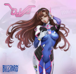 Rule 34 | 1girl, 2016, absurdres, acronym, animal print, armor, blizzard (company), blue bodysuit, bodysuit, boots, bracer, breasts, breasts apart, brown eyes, brown hair, character name, charity chan, closed mouth, covered navel, cowboy shot, d.va (overwatch), dated, emblem, eyelashes, facepaint, facial mark, gloves, gluteal fold, hand on breast, hand on own chest, hand on own head, hand to head, hands up, headphones, high collar, highres, large breasts, legs apart, lipstick, logo, long hair, looking at viewer, makeup, mecha, medium breasts, meka (overwatch), overwatch, overwatch 1, pauldrons, pilot suit, pink lips, rabbit print, ribbed bodysuit, robot, shiny clothes, shoulder armor, shoulder pads, signature, skin tight, skindentation, solo, swept bangs, thigh boots, thigh strap, thighhighs, whisker markings, white footwear, white gloves