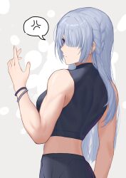 Rule 34 | 1girl, absurdres, ak-15 (girls&#039; frontline), anger vein, bare arms, bare shoulders, black shirt, blue eyes, breasts, commentary request, crop top, girls&#039; frontline, grey background, grey hair, hand up, highres, long hair, looking at viewer, medium breasts, midriff, shirt, simobulanka, sleeveless, sleeveless shirt, solo, spoken anger vein, upper body, very long hair