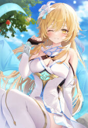 Rule 34 | 1girl, alternate hair length, alternate hairstyle, bare shoulders, black gloves, blonde hair, blue sky, blurry, blurry background, blush, breasts, cleavage, cloud, commentary request, day, detached sleeves, dress, feather hair ornament, feathers, flower, genshin impact, gloves, glowing, grin, hair flower, hair ornament, hand up, highres, lily (flower), long hair, long sleeves, looking at viewer, lumine (genshin impact), medium breasts, navy (navy.blue), one eye closed, outdoors, paid reward available, partially fingerless gloves, scarf, sitting, sky, sleeveless, sleeveless dress, smile, solo, thighhighs, thighs, tree, very long hair, white dress, white flower, white scarf, white sleeves, white thighhighs, wrist guards, yellow eyes, zettai ryouiki