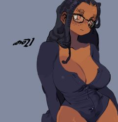 Rule 34 | 1girl, absurdres, arms behind back, black-framed eyewear, black hair, black leotard, breasts, cleavage, commentary, dark-skinned female, dark skin, english commentary, facing viewer, forehead, freckles, gigi (whoopsatro), glasses, grey background, highres, large breasts, leotard, long sleeves, original, partially unbuttoned, red eyes, solo, thick eyebrows, very dark skin, whoopsatro