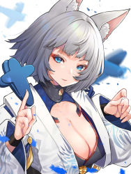 Rule 34 | 1girl, animal ear fluff, animal ears, azur lane, blue eyes, blunt bangs, breasts, cleavage, cleavage cutout, clothing cutout, commentary request, fingernails, fox ears, highres, kaga (azur lane), large breasts, long sleeves, looking at viewer, mikan (chipstar182), short hair, silver hair, solo, upper body, white background