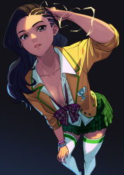 Rule 34 | 1girl, absurdres, black background, black eyes, black hair, blazer, bow, bowtie, breasts, cleavage, commentary request, dark-skinned female, dark skin, electricity, gradient background, green skirt, hand on own knee, highres, jacket, kagematsuri, large breasts, laura matsuda, leaning forward, long hair, long sleeves, looking at viewer, miniskirt, official alternate costume, parted lips, pleated skirt, purple bow, purple bowtie, school uniform, shirt, skirt, smile, solo, standing, street fighter, street fighter v, thighhighs, white shirt, white thighhighs, yellow jacket