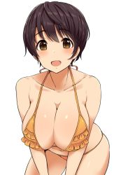 Rule 34 | 1girl, :d, arms at sides, bikini, black hair, blush, breasts, brown hair, cleavage, commentary request, frilled bikini, frills, halterneck, idolmaster, idolmaster cinderella girls, large breasts, leaning forward, looking at viewer, mitsukazu (nijigen complex), navel, oikawa shizuku, open mouth, short hair, simple background, smile, solo, standing, swimsuit, tareme, white background, yellow bikini