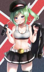 Rule 34 | 1girl, :3, :d, azur lane, bare shoulders, black jacket, black skirt, black thighhighs, blue eyes, blush, bottle, bra, breasts, cleavage, collarbone, commentary request, cowboy shot, cross, fang, gradient background, green hair, grey bra, hair ornament, hair ribbon, hairclip, hat, highres, holding, holding bottle, holding clothes, holding jacket, iron cross, jacket, unworn jacket, looking at viewer, medium breasts, midriff, navel, open mouth, parted bangs, pleated skirt, ribbon, side ponytail, sidelocks, simple background, single thighhigh, skindentation, skirt, smile, solo, standing, sweat, thighhighs, training bra, underwear, wristband, yuu cream, z20 karl galster (azur lane)