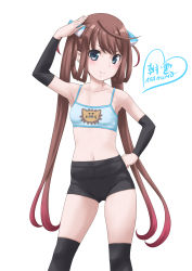 Rule 34 | 1girl, arm warmers, asagumo (kancolle), bike shorts, black shorts, black thighhighs, blue bra, bow, bra, breasts, brown hair, character name, contrapposto, grey eyes, hair bow, hair ribbon, hand on own hip, highres, kantai collection, long hair, looking at viewer, navel, ribbon, shirt, shorts, simple background, skirt, small breasts, solo, standing, t2r, thighhighs, twintails, underwear, white background
