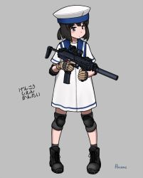 Rule 34 | 1girl, artist name, black footwear, black hair, blue eyes, bob cut, boots, brown gloves, cross-laced footwear, daitou (kancolle), dress, elbow pads, gloves, grey background, gun, h&amp;k mp7, hat, high ponytail, highres, kantai collection, knee pads, lace-up boots, machine pistol, personal defense weapon, porusasu, sailor collar, sailor dress, sailor hat, short hair, short sleeves, sidelocks, simple background, socks, solo, standing, submachine gun, suppressor, translation request, weapon, white dress, white hat