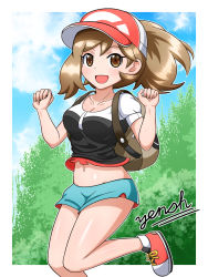 Rule 34 | 1girl, backpack, bag, belly, breasts, brown eyes, brown hair, creatures (company), elaine (pokemon), eyebrows, eyelashes, female focus, game freak, hat, long hair, matching hair/eyes, nintendo, open mouth, outdoors, pokemon, pokemon lgpe, ponytail, red hat, shirt, shoes, short shorts, shorts, sky, solo, stomach, yensh