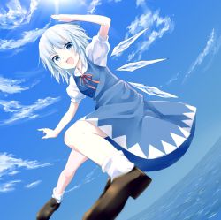 Rule 34 | 1girl, :d, arm up, blue bow, blue dress, blue eyes, blue hair, blue sky, blush, bow, breasts, brown footwear, cirno, clear sky, collared dress, commentary request, dress, eyelashes, floating, hair bow, highres, kisamu (ksmz), light rays, loafers, looking at viewer, misty lake, open mouth, pinafore dress, puffy short sleeves, puffy sleeves, red neckwear, red ribbon, ribbon, shirt, shoes, short hair, short sleeves, sky, sleeveless dress, small breasts, smile, socks, solo, sun, sunbeam, sunlight, tongue, touhou, white shirt, white socks