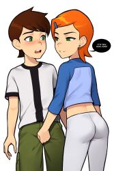 Rule 34 | 1boy, 1girl, ass, asymmetrical hair, ben 10, ben tennyson, black shirt, blue shirt, blush, brown hair, commentary, cousins, crop top, crotch grab, earrings, english commentary, english text, feet out of frame, from behind, green eyes, green pants, gwen tennyson, highres, incest, jewelry, loodncrood, looking at another, medium hair, midriff, open mouth, orange hair, pants, parted lips, shirt, short hair, short sleeves, simple background, speech bubble, stud earrings, t-shirt, teeth, two-tone shirt, upper teeth only, white background, white pants, white shirt