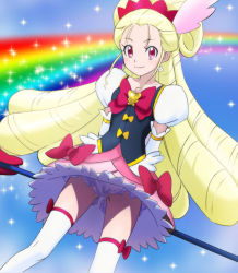 Rule 34 | 10s, 1girl, blonde hair, bloomers, blue background, bow, bowtie, brooch, cure art, cure pinceau, drawer, drill hair, earrings, feather hair ornament, feathers, flower earrings, hair ornament, happinesscharge precure!, haruyama kazunori, headdress, heart, heart brooch, jewelry, light particles, light smile, long hair, looking at viewer, magical girl, panties, pantyshot, pink eyes, pole, precure, puffy sleeves, rainbow, rainbow background, solo, thighhighs, underwear, upskirt, vest, white panties, white thighhighs