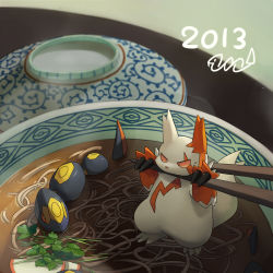 Rule 34 | blurry, bowl, chopsticks, claws, commentary request, creatures (company), dated, eye contact, food, game freak, gen 3 pokemon, guodon, looking at another, nintendo, no humans, noodles, pokemon, pokemon (creature), ramen, seviper, soup, sweatdrop, white fur, zangoose