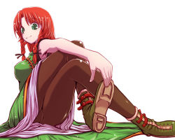 Rule 34 | 1girl, braid, breasts, china dress, chinese clothes, crossed legs, dress, embodiment of scarlet devil, female focus, green eyes, hong meiling, pantyhose, red hair, simple background, sitting, smile, solo, stretching, touhou, verynezumi, white background