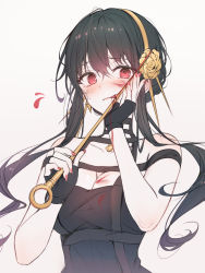 Rule 34 | 1girl, bare shoulders, black dress, black gloves, black hair, blush, breasts, collarbone, dress, earrings, flower, gloves, hair flower, hair ornament, hairband, hand on own cheek, hand on own face, hands up, highres, jewelry, long hair, looking at viewer, red eyes, sidelocks, solo, spy x family, tokkyu, weapon, yor briar