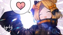 Rule 34 | 1girl, :d, ^ ^, abigail williams (fate), abigail williams (traveling outfit) (fate), backlighting, black bow, black jacket, blonde hair, blush, bow, closed eyes, commentary request, crossed bandaids, facing viewer, fate/grand order, fate (series), hair bow, hair bun, heart, heroic spirit traveling outfit, jacket, long hair, long sleeves, multiple hair bows, nichigeckoh, official alternate costume, open mouth, orange bow, parted bangs, signature, single hair bun, sleeves past fingers, sleeves past wrists, smile, solo, spoken heart, upper body