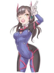Rule 34 | 1girl, animal print, arm behind back, armor, bodysuit, boots, bracer, breasts, breasts apart, brown eyes, brown hair, blowing bubbles, chewing gum, covered navel, cowboy shot, d.va (overwatch), facepaint, facial mark, gloves, hand up, headphones, highres, kita-kun, long hair, long sleeves, medium breasts, one eye closed, overwatch, overwatch 1, pauldrons, pilot suit, rabbit print, ribbed bodysuit, salute, shoulder armor, shoulder pads, simple background, skin tight, smile, solo, thigh boots, thigh strap, thighhighs, turtleneck, whisker markings, white background, white footwear, white gloves