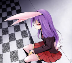 Rule 34 | 1girl, animal ears, checkered floor, eyelashes, female focus, floor, from above, long hair, purple hair, rabbit ears, rabbit girl, rabbit tail, red eyes, reisen udongein inaba, signature, sitting, solo, tail, tetsuka, thighhighs, touhou, vanishing point