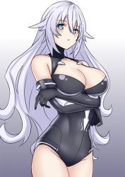 Rule 34 | 1girl, aqua eyes, bare shoulders, black gloves, black heart (neptunia), black leotard, breasts, cleavage, closed mouth, collarbone, commentary, cowboy shot, elbow gloves, english commentary, expressionless, gloves, hair between eyes, highres, large breasts, leotard, long hair, looking at viewer, neptune (series), noire (neptunia), power symbol, power symbol-shaped pupils, silver hair, solo, standing, symbol-shaped pupils, zatsu