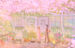 Rule 34 | 1boy, 1girl, aerith gainsborough, animal, artist name, bare shoulders, basket, black cat, black footwear, black gloves, black hair, blurry, blurry foreground, boots, braid, braided ponytail, brown footwear, brown hair, building, cat, cherry blossoms, closed mouth, commentary, crisis core final fantasy vii, dress, english commentary, facial scar, final fantasy, final fantasy vii, flower, flower basket, full body, gloves, hair pulled back, hair ribbon, holding, holding basket, long hair, parted bangs, petals, pink dress, pink ribbon, plant, potted plant, ribbon, scar, scar on cheek, scar on face, sleeveless, sleeveless dress, sleeveless turtleneck, spiked hair, standing, sugarmintdreams, suspenders, sweater, turtleneck, turtleneck sweater, window, zack fair
