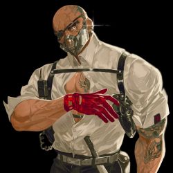 Rule 34 | 1boy, arm tattoo, bald, bara, belt, chest belt, chest tattoo, collared shirt, covered mouth, ear piercing, earrings, eyepatch, gloves, guihuaaaaa, gun, head tattoo, highres, jewelry, knife, male focus, manly, mask, mouth mask, muscular, muscular male, original, pants, pectoral cleavage, pectorals, piercing, scar, scar across eye, scar on head, shirt, solo, sparkle, tattoo, thick arms, thick eyebrows, unbuttoned, upper body, veins, veiny arms, walkie-talkie, weapon, yellow eyes