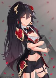 Rule 34 | 1girl, absurdres, angry, belly, black dress, black hair, breasts, clenched hands, dress, flower, fu hua, fu hua (blood voivode), fu hua (shadow knight), garter straps, hair between eyes, hair flower, hair ornament, highres, honkai (series), honkai impact 3rd, long hair, long sleeves, looking at viewer, navel, nipples, open mouth, ponytail, red eyes, red flower, rose, small breasts, solo, thighhighs, thighs, torofu, watermark, web address