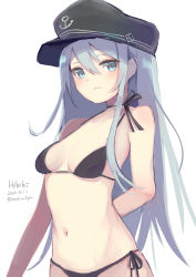 Rule 34 | 1girl, alternate costume, bikini, black bikini, blue eyes, blush, breasts, closed mouth, flat cap, hair between eyes, hat, hibiki (kancolle), highres, kantai collection, long hair, looking at viewer, navel, one-hour drawing challenge, sashimi0gou, silver hair, small breasts, solo, swimsuit, white background
