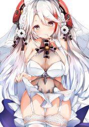 Rule 34 | 1girl, adapted costume, alternate costume, azur lane, bare shoulders, blush, breasts, bridal gauntlets, bridal veil, choker, clothes lift, collarbone, commentary, cowboy shot, dress, dress lift, finger to mouth, flower, garter straps, gloves, groin, hair between eyes, hair flower, hair ornament, head tilt, headgear, highres, large breasts, lifted by self, long hair, looking at viewer, mole, mole on breast, multicolored hair, mutou mame, parted lips, prinz eugen (azur lane), prinz eugen (symphonic fate) (azur lane), red hair, see-through, sidelocks, silver hair, skindentation, smile, solo, streaked hair, swept bangs, thighhighs, thighs, two side up, veil, very long hair, wedding dress, white dress, white gloves, white thighhighs