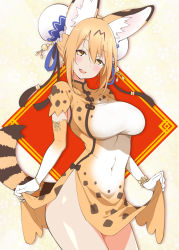 Rule 34 | 10s, 1girl, :d, adapted costume, alternate breast size, alternate hairstyle, animal ear fluff, animal ears, black ribbon, blonde hair, blue ribbon, blush, bracelet, breasts, bun cover, china dress, chinese clothes, covered navel, cowboy shot, double bun, dress, elbow gloves, gloves, hair between eyes, hair ribbon, hayashi (l8poushou), head tilt, highres, jewelry, kemono friends, large breasts, looking at viewer, no panties, aged up, open mouth, ribbon, serval (kemono friends), serval tail, short sleeves, side slit, skirt hold, smile, solo, striped tail, tail, yellow eyes
