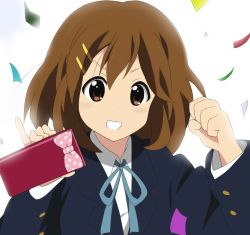 Rule 34 | 1girl, brown eyes, brown hair, confetti, gift, grin, hirasawa yui, k-on!, miracle (miracle1980), official style, pencil case, pinky out, school uniform, short hair, smile, solo, utauyo miracle
