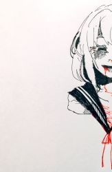 Rule 34 | 1girl, :d, blood, blood from mouth, commentary request, greyscale, hair over eyes, half-closed eyes, highres, monochrome, neck ribbon, open mouth, original, outo eguchi, red ribbon, ribbon, sailor collar, short hair, smile, solo
