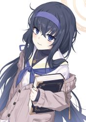 Rule 34 | 1girl, black hair, blue archive, blue eyes, blush, book, breasts, deca purio, hairband, halo, long hair, long sleeves, looking at viewer, off shoulder, small breasts, smile, solo, sweater, ui (blue archive)