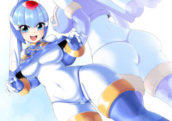 Rule 34 | 1girl, android, ass, blue eyes, blue panties, blush, bodysuit, bracelet, breasts, cameltoe, capcom, clothes lift, covered navel, day, elbow gloves, female focus, fingerless gloves, from below, gloves, gold trim, head tilt, helmet, inti creates, jewelry, large breasts, fairy leviathan (mega man), lifting own clothes, looking at viewer, mega man (series), mega man zero (series), multiple views, open mouth, outdoors, panties, semikichi, shirt lift, skin tight, smile, thigh gap, thighhighs, tongue, underwear, white bodysuit, wide hips