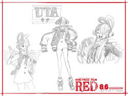 Rule 34 | 1girl, absurdres, bare legs, breasts, character name, character sheet, dated, dress, full body, hand on own hip, headphones, highres, jacket, large breasts, long hair, looking at viewer, looking to the side, monochrome, multicolored hair, multiple views, music, oda eiichirou, official art, one piece, one piece film: red, open mouth, salute, simple background, singing, smile, solo, standing, title, two-tone hair, upper body, uta (one piece), very long hair