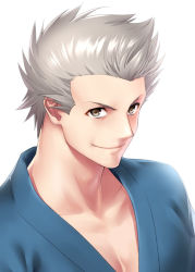 Rule 34 | 1boy, commentary request, dougi, grey eyes, japanese clothes, little busters!, looking at viewer, male focus, miyazawa kengo, silver hair, simple background, smile, solo, spiked hair, upper body, white background, zen