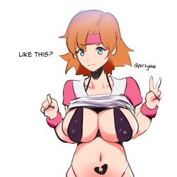 Rule 34 | 1girl, belly, breasts, deee, eyebrows, green eyes, highres, nora valkyrie, orange hair, panties, rwby, shirt, short hair, simple background, smile, solo, stomach, text focus, underwear, white background