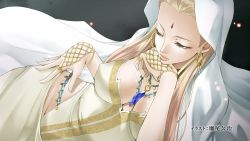 Rule 34 | 1girl, arslan senki, artist name, blonde hair, breasts, head rest, cleavage, cleavage cutout, clothing cutout, earrings, end card, covered erect nipples, highres, jewelry, long hair, mature female, necklace, official art, queen, screencap, seo kouji, solo, tahamine