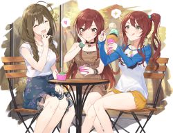 3girls, :d, :q, ahoge, alstroemeria (idolmaster), bangs, bare legs, bare shoulders, black skirt, blush, braid, breasts, brown dress, brown eyes, brown hair, chair, cleavage, closed mouth, collarbone, commentary request, dress, eating, eyes closed, feet out of frame, food, hair ornament, hair over shoulder, hand on own cheek, hand on own face, hand on own leg, hand up, hands up, hayashi kewi, heart, holding, ice cream, ice cream cone, idolmaster, idolmaster shiny colors, jewelry, knees together feet apart, kuwayama chiyuki, long hair, long sleeves, looking down, medium breasts, multiple girls, necklace, osaki amana, osaki tenka, open mouth, orange skirt, outdoors, print shirt, print skirt, raglan sleeves, red hair, shirt, siblings, sisters, sitting, skirt, sleeveless, sleeveless dress, smile, sparkle, spoken heart, spoon, table, tongue, tongue out, twin braids, twins, white shirt, wooden chair, wooden table