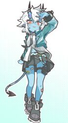 Rule 34 | 1girl, absurdres, aqua jacket, black footwear, black necktie, black skirt, blue skin, blue tail, collared shirt, colored skin, cropped jacket, cuffs, ear piercing, earclip, full body, hair between horns, highres, horns, jacket, long sleeves, looking at viewer, necktie, oni, open clothes, open jacket, open mouth, piercing, pointy ears, pouch, red eyes, shackles, shirt, shoeguy, short hair, skin-covered horns, skirt, solo, soukaku (zenless zone zero), striped tail, tail, thigh pouch, white hair, white shirt, zenless zone zero, zipper