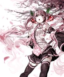 Rule 34 | 1girl, absurdres, bad id, bad pixiv id, cherry, cherry blossoms, detached sleeves, food, fruit, hatsune miku, headphones, highres, long hair, necktie, open mouth, pink eyes, pink hair, sakura miku, shiguma (sigmasmail), sigmasmail, skirt, solo, thighhighs, twintails, very long hair, vocaloid, yamaha